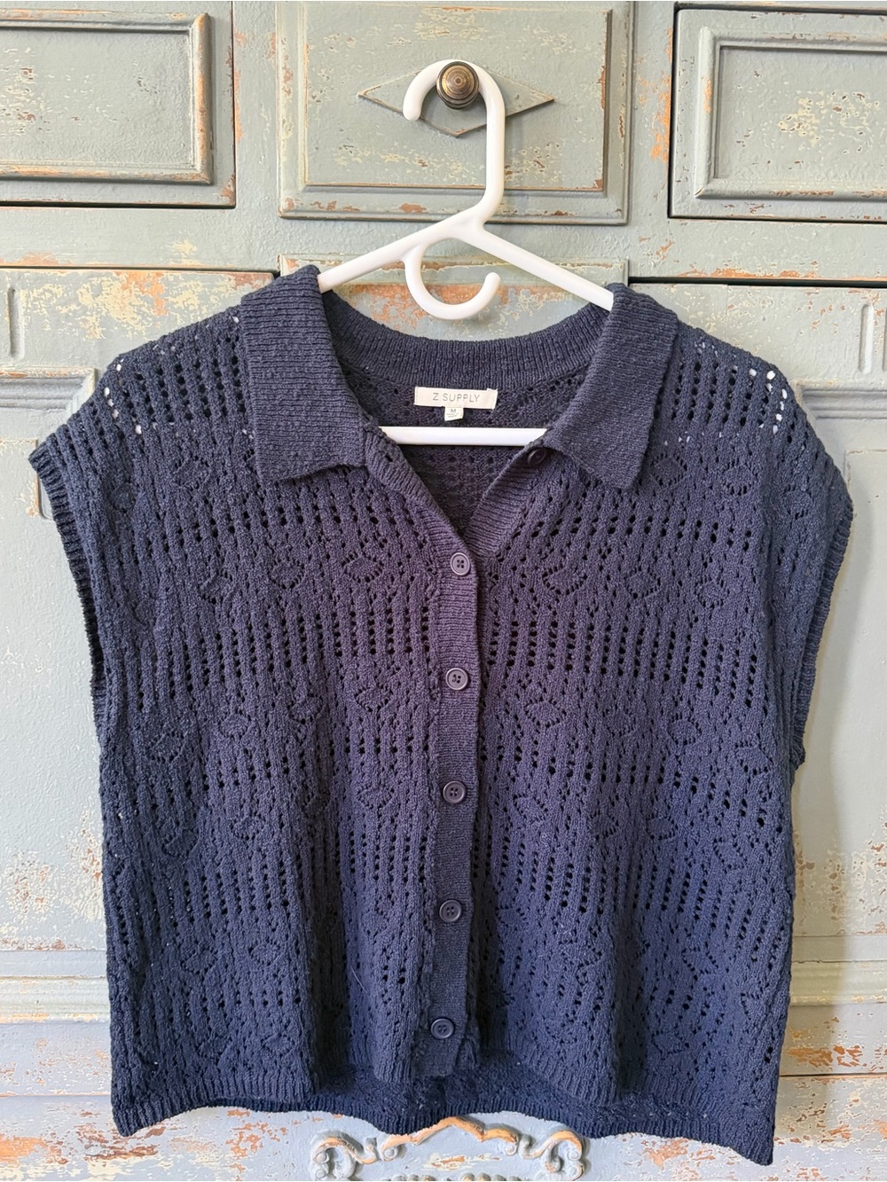 Z Supply navy open-knit short-sleeve button cardigan